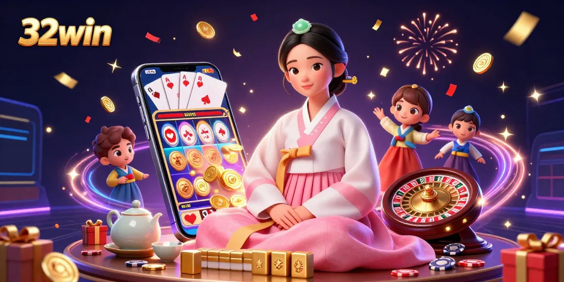 Experience thrilling wins at 32win with a photorealistic Asian woman amidst vivid casino elements.