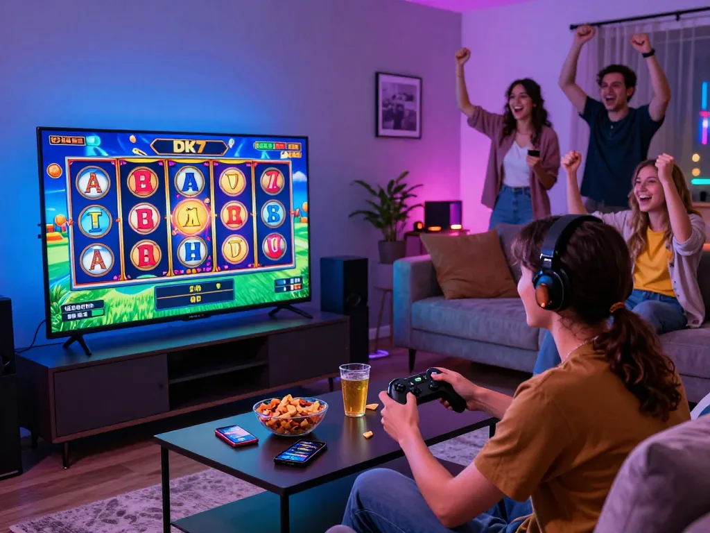 Engaged player enjoying DK7 slot game in a modern living room, surrounded by snacks and gaming gear.