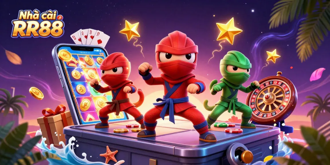 Experience the thrill of winning with Nhà cái RR88's vibrant casino scene featuring a ninja chameleon team.