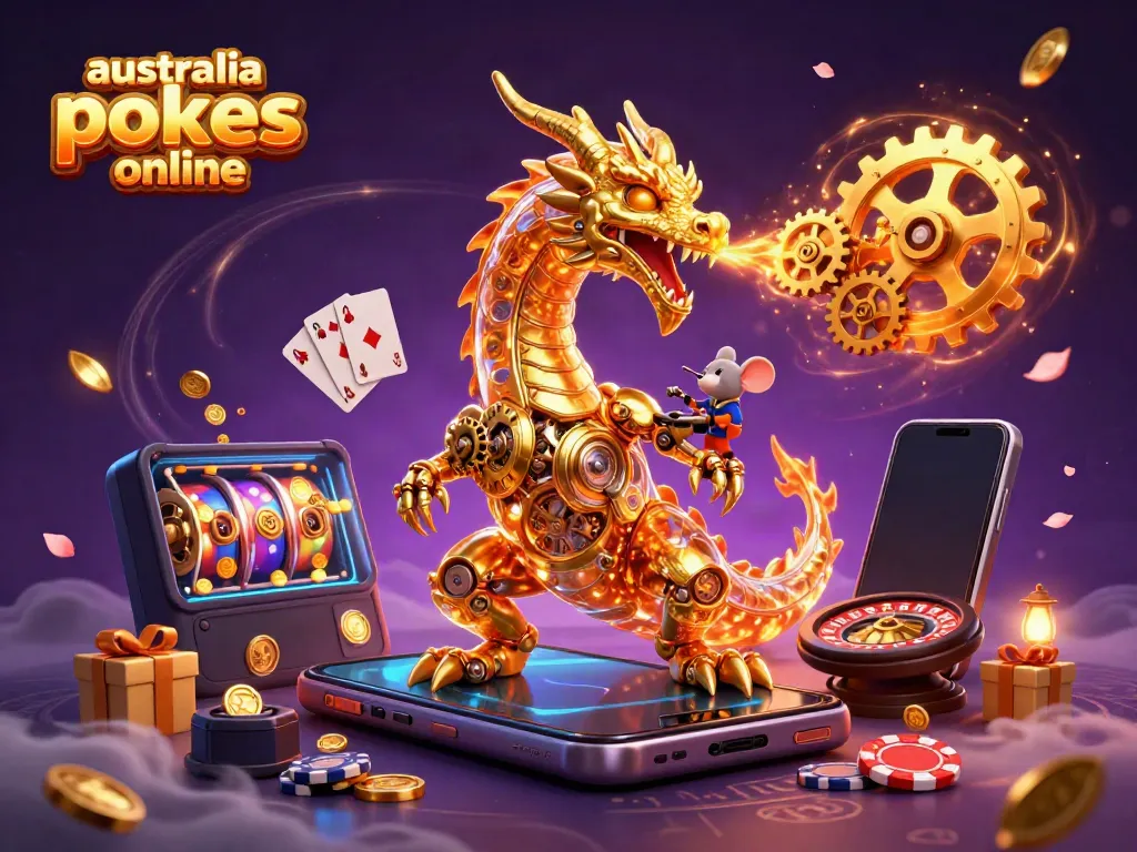Experience the thrill of australia pokies online with a dynamic scene featuring a dragon and a mouse engineer among gaming elements.