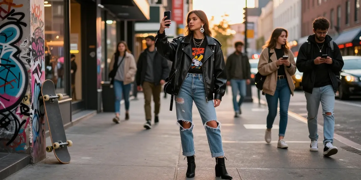 Young woman in stylish urban fashion taking a selfie on city street.