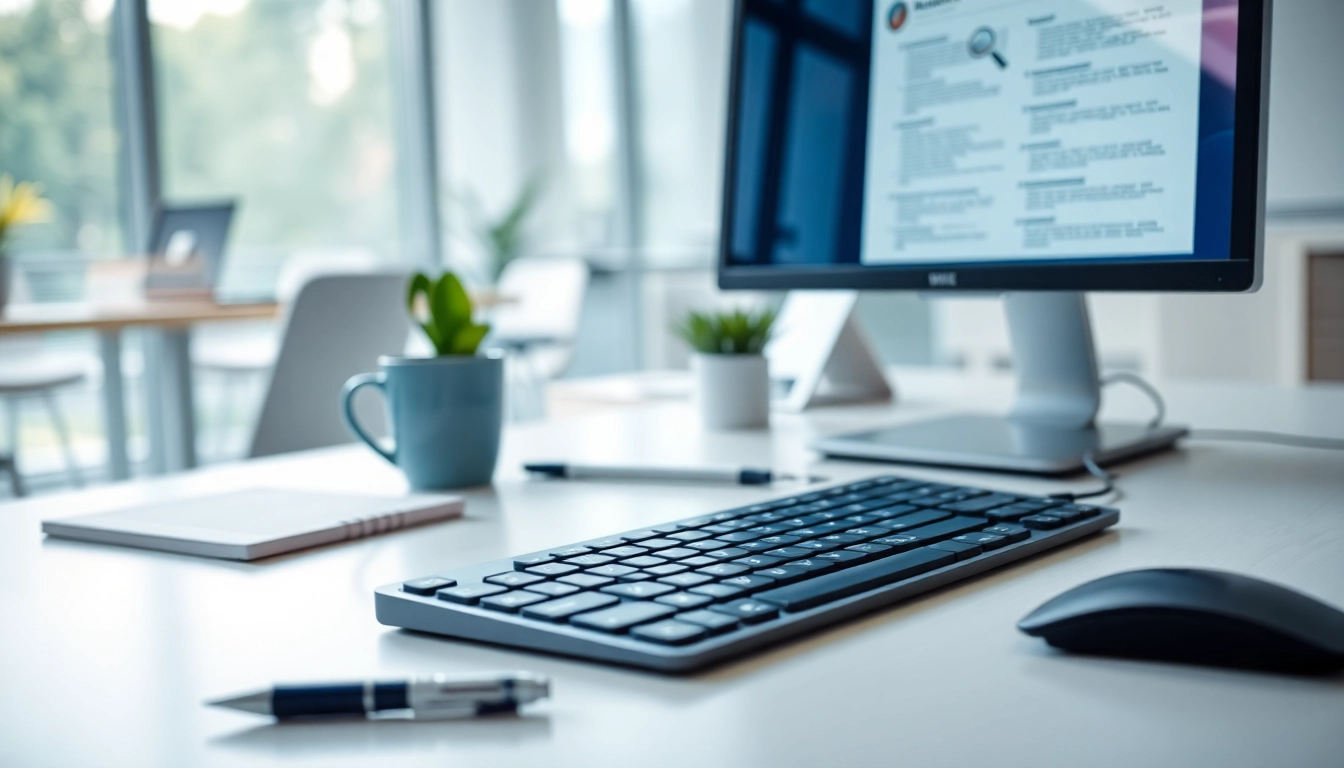 Efficient Typing Center workspace with high-quality keyboard and documents on the screen.