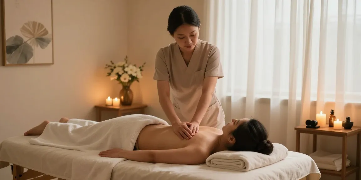 Peaceful 파주출장마사지 scene with therapist providing rejuvenating body treatment in tranquil studio.