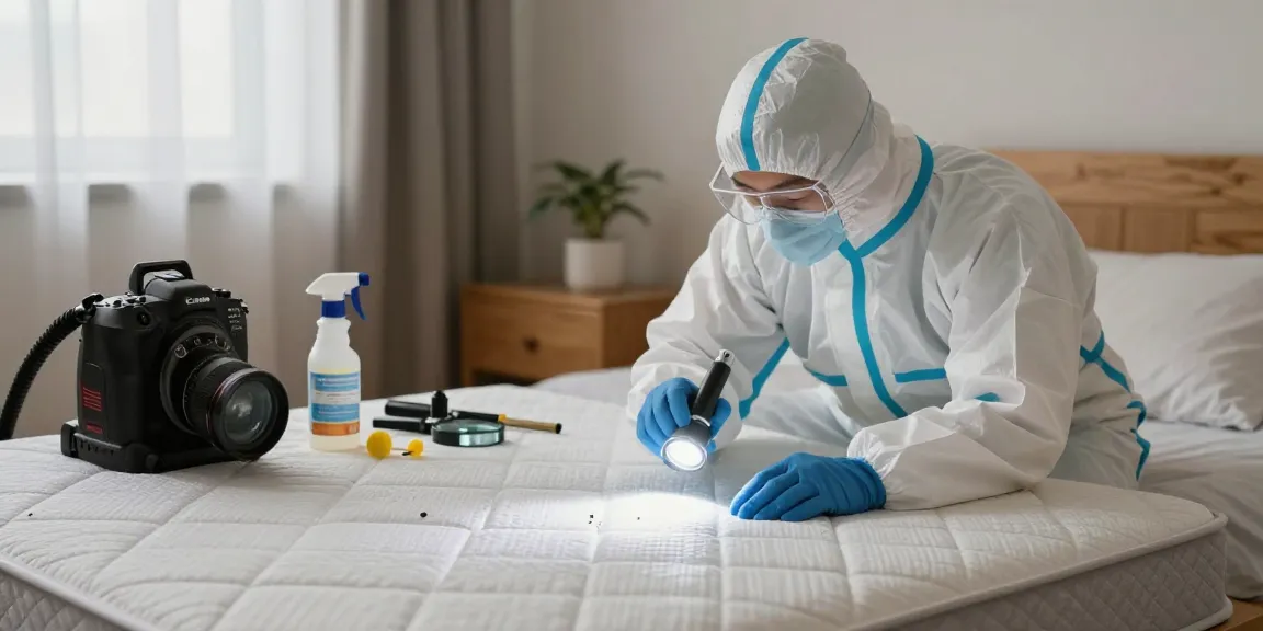 Bed bug exterminator Milwaukee inspecting a mattress discreetly in a cozy bedroom.