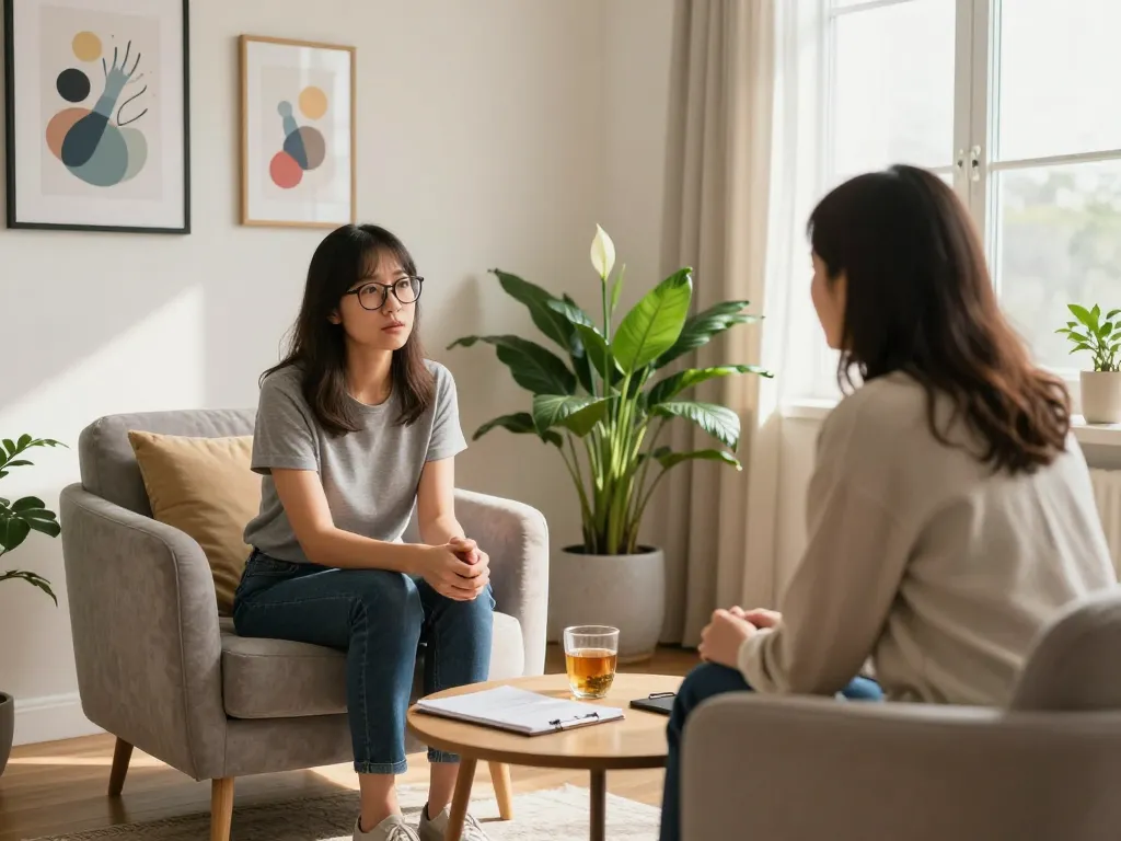 Cozy therapy session focusing on mental health, discussing 抑鬱症.