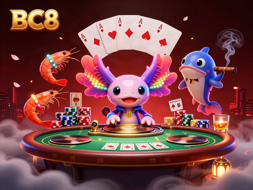 Experience vibrant BC8 online gaming with an axolotl DJ, poker elements, and lively sea creatures.