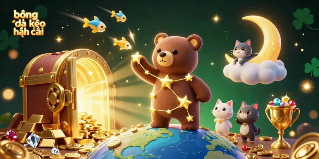 Engage with the action of bóng đá kèo nhà cái in this vibrant 3D illustration featuring a constellation bear and treasure.