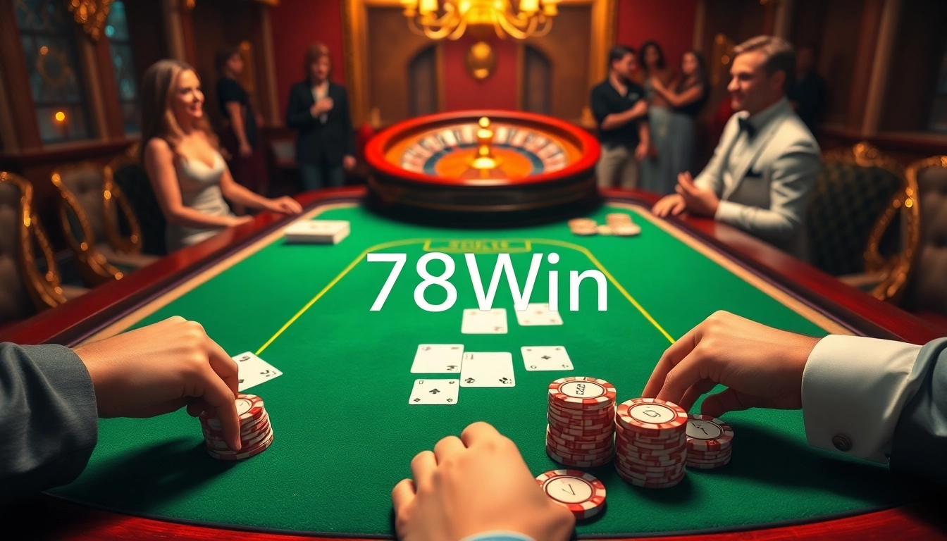 Experience luxury at Trang chủ 78Win with high-stakes gambling action, vibrant casino tables, and players enjoying their game.