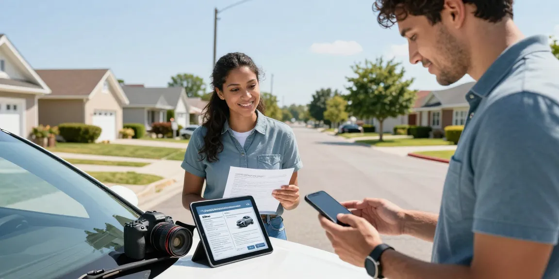 Check vehicle details with a reg check UK at a suburban car buying scene.