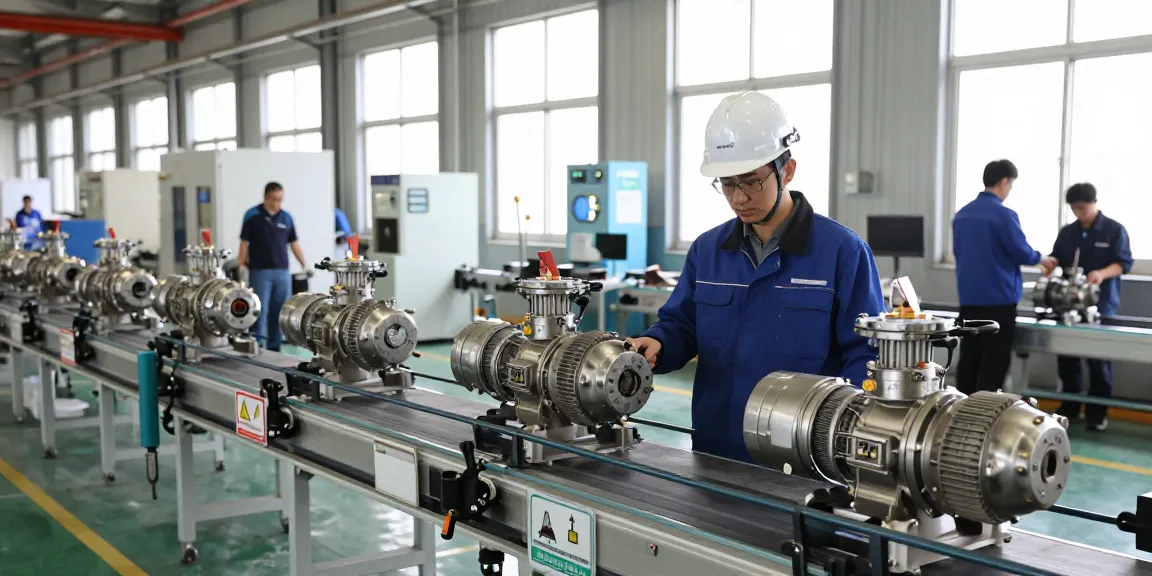 Chemical pump manufacturing process in an industrial facility with engineers and advanced machinery.