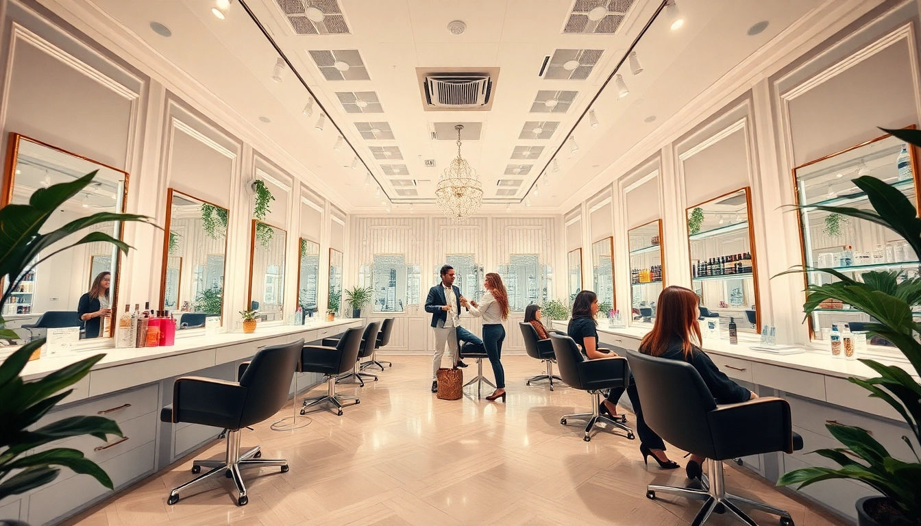 Best hair salons near me featuring an elegant interior with stylists and customers enjoying their experience.