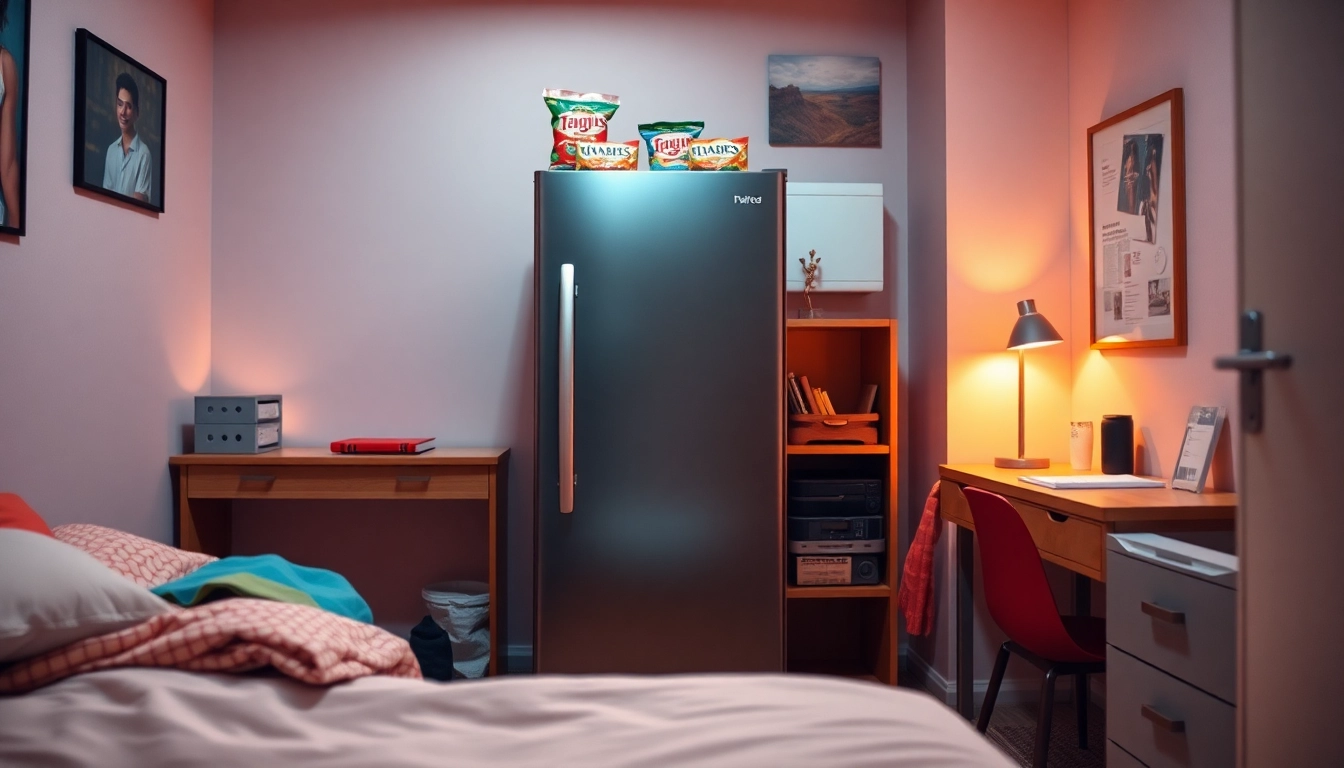 Organized dorm room fridge with snacks on top, enhancing a student's living space.