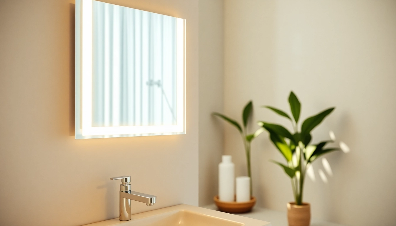 Admire the elegance of an elegant led mirror, featuring sleek lines and ambient lighting in a stylish bathroom.
