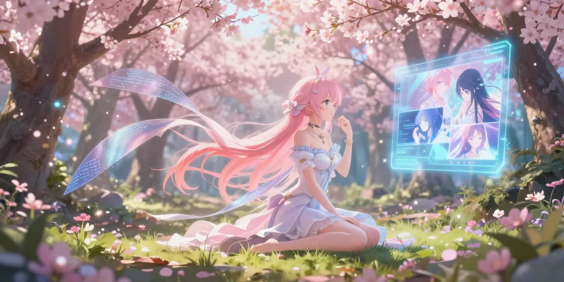 An ethereal female character in a vibrant cherry blossom forest, showcasing the concept of ai ecchi within digital art.