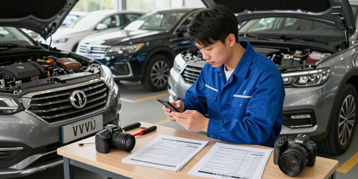 Car history report being checked during vehicle inspection at a used car lot.
