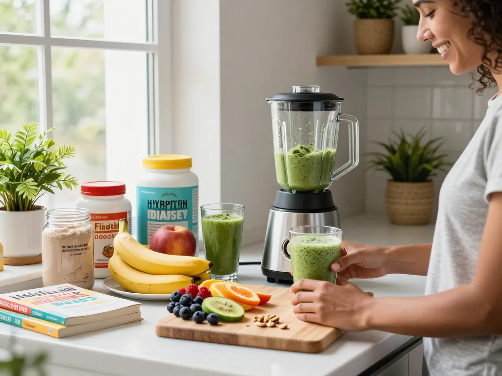 Health and wellness smoothie preparation with fresh ingredients and supplements in a bright kitchen.