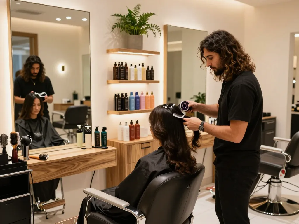 hair salon Dubai featuring a stylist coloring a client's hair in an elegant setting