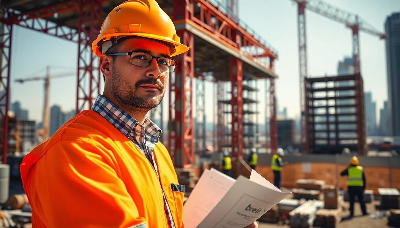 New York Construction Manager directing activities on-site surrounded by cranes and workers.