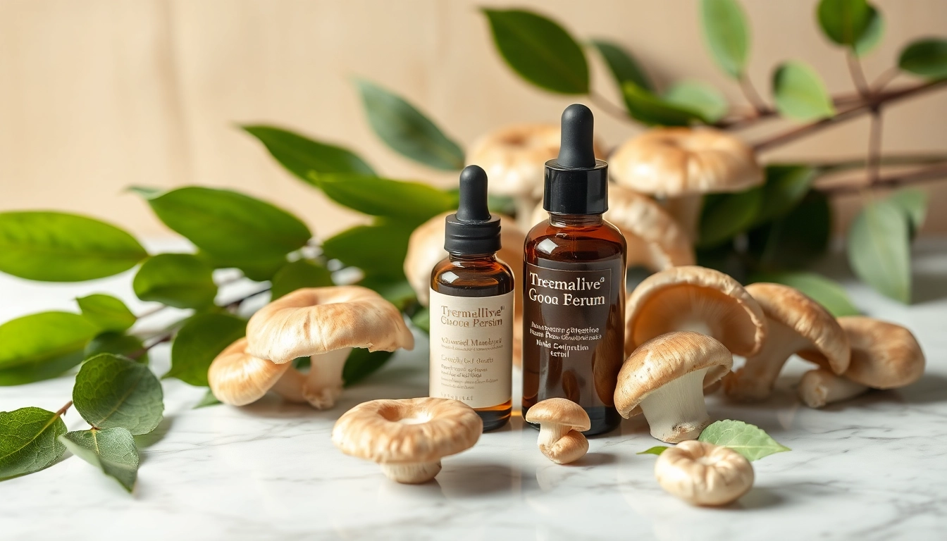 Tremella mushroom serum displayed with natural elements for hydration and skincare benefits.