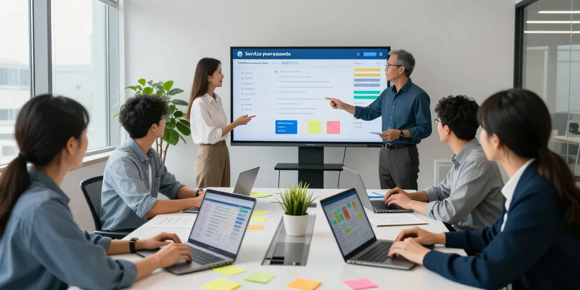 Diverse team collaborating in a modern office on a service marketplace + CRM platform, showcasing technology and teamwork.