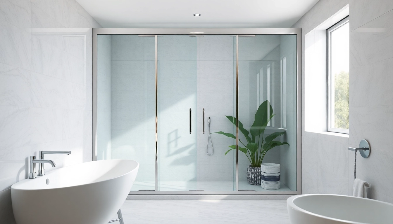 Elegant shower sliding doors in a modern bathroom setting, highlighted with natural light.