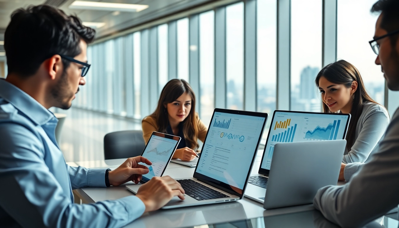 Executives strategizing with data for b2b competitive intelligence in a modern office.