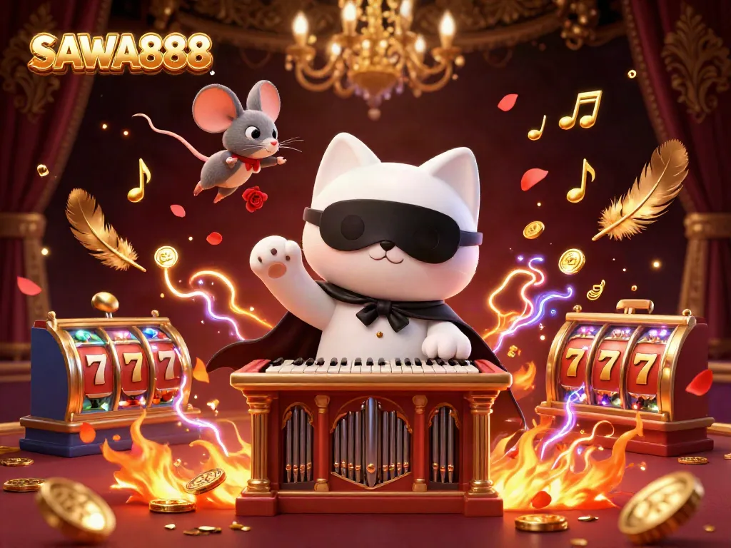 Engage with SAWA888 casino games featuring a phantom cat and acrobat in a vibrant 3D scene.