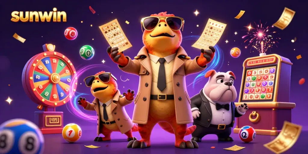 Experience the thrilling gaming atmosphere at Sunwin, featuring dynamic lottery balls and cartoon raptors.