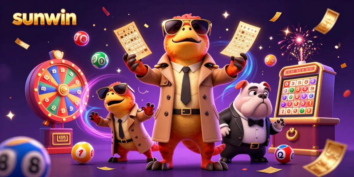 Experience the thrilling gaming atmosphere at Sunwin, featuring dynamic lottery balls and cartoon raptors.