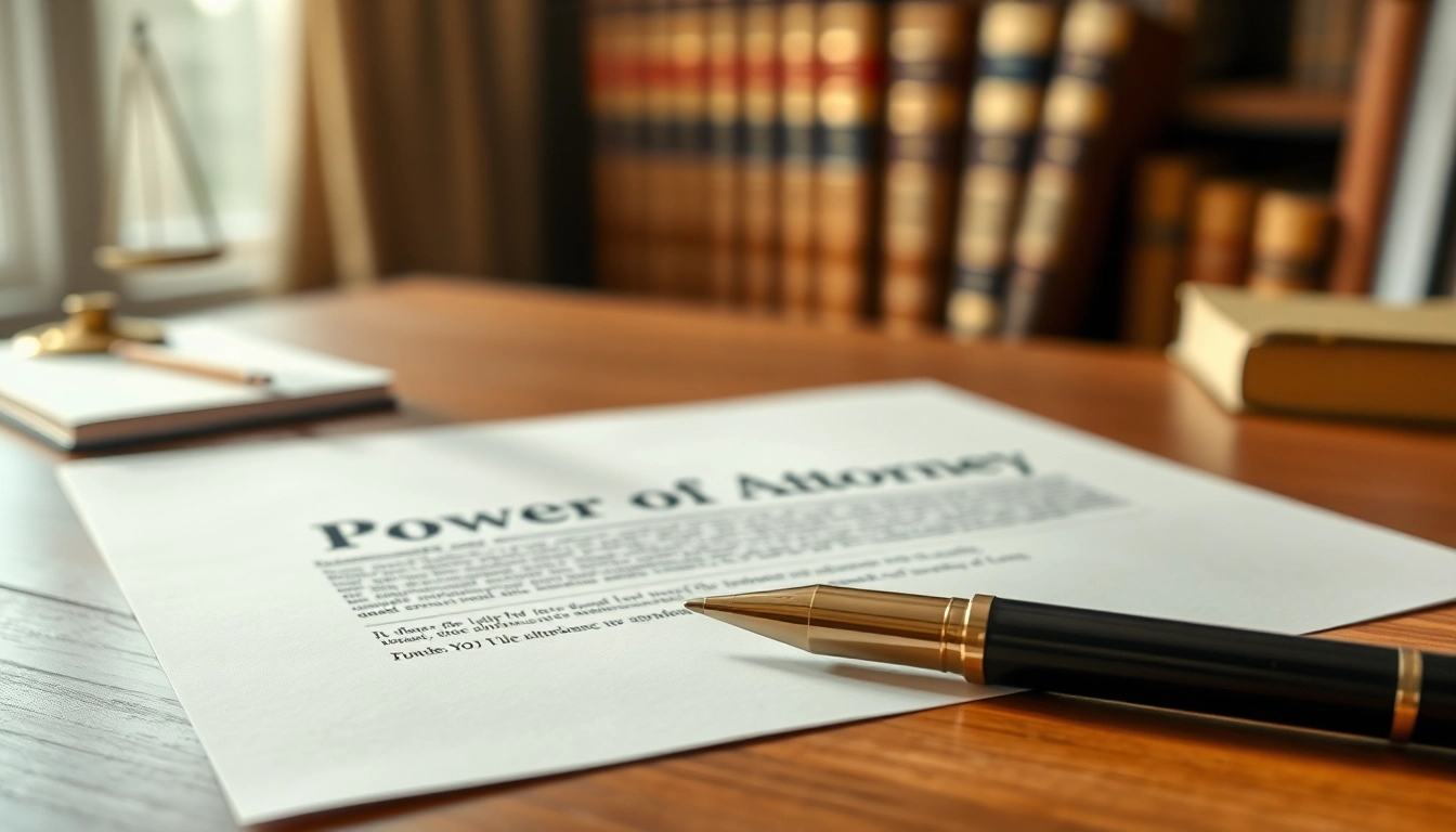 Signing a Power of Attorney document on a desk with legal books in the background.