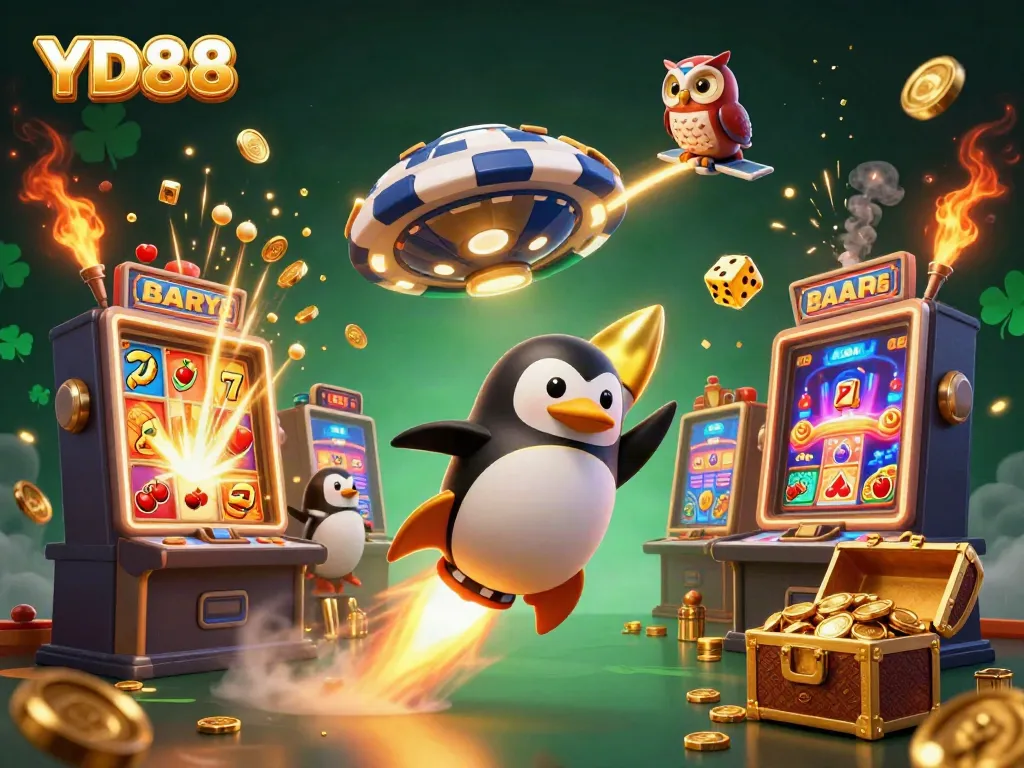 Spin to win at YD88 with a vibrant scene of casino games and a golden penguin.