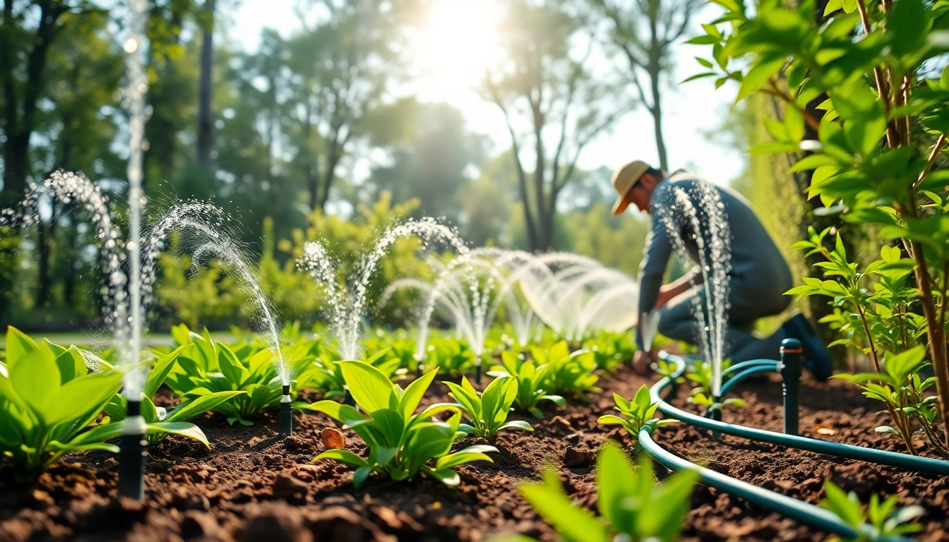 Irrigation system installation Bay Area showcasing a professional installer in a vibrant garden setting.