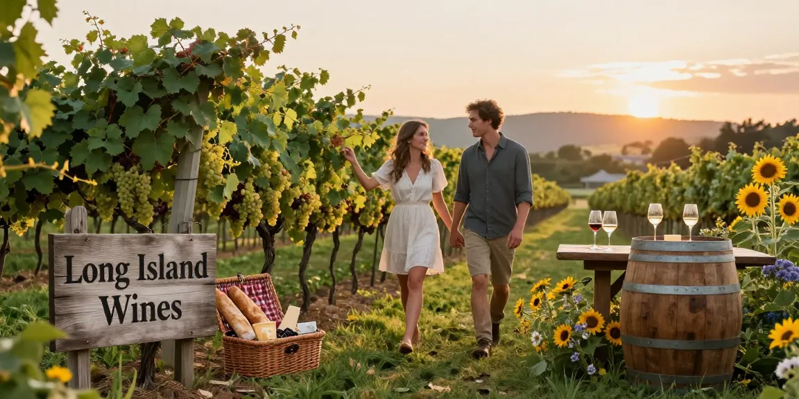 Couple enjoying Long Island wines in a scenic vineyard during golden hour, with lush grapes and a picnic basket.