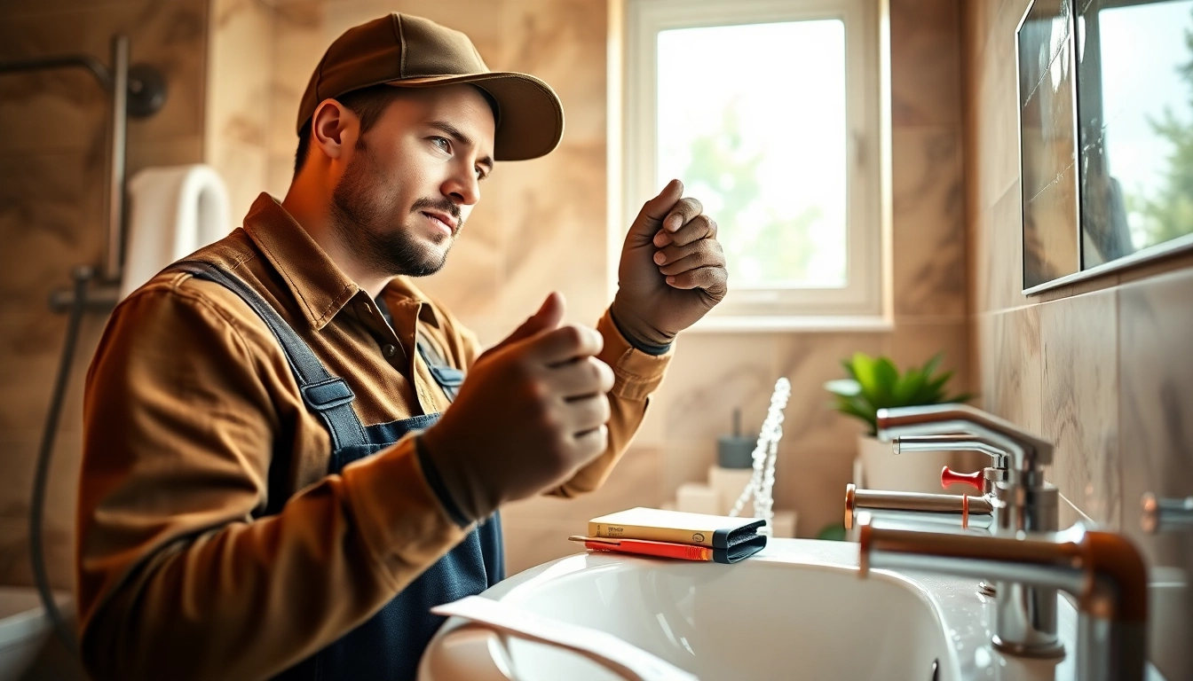 Find a reliable plumber near me fixing a sink in a modern bathroom.