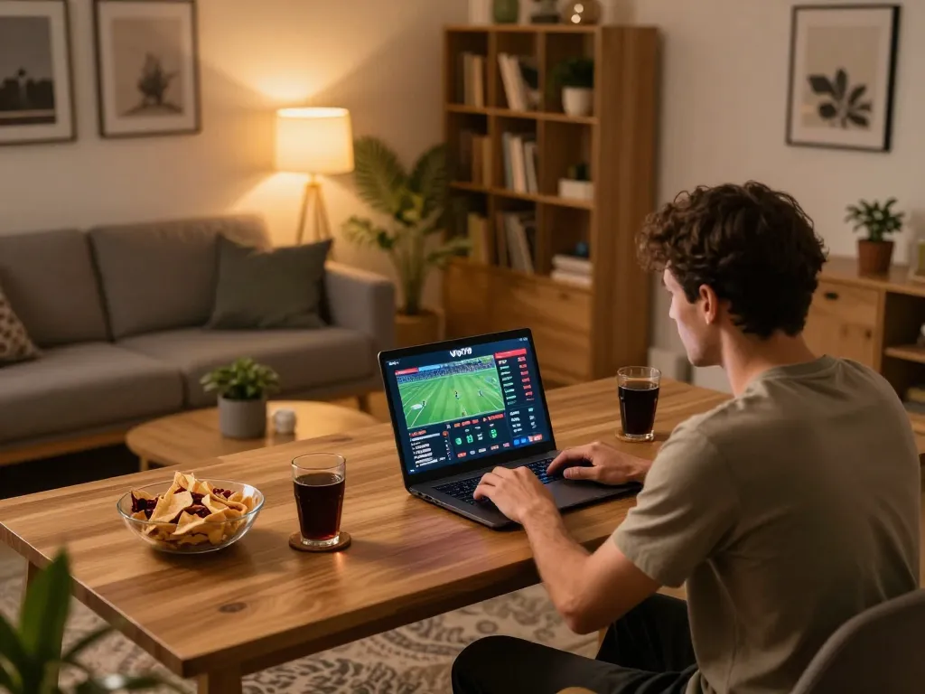 Engaged user exploring vip79 online betting with laptop and sports odds in cozy home