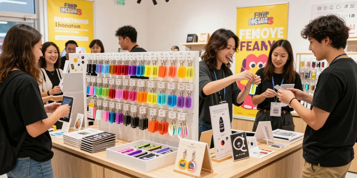 Engaging scene featuring customers exploring custom keychains at a vibrant pop-up shop.