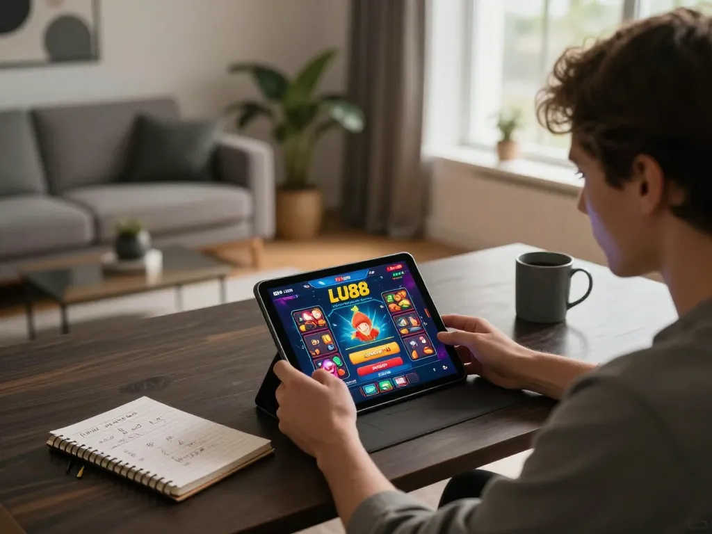 LUCKY88 player engaging in thrilling online gaming at stylish home setup with tablet and betting notes