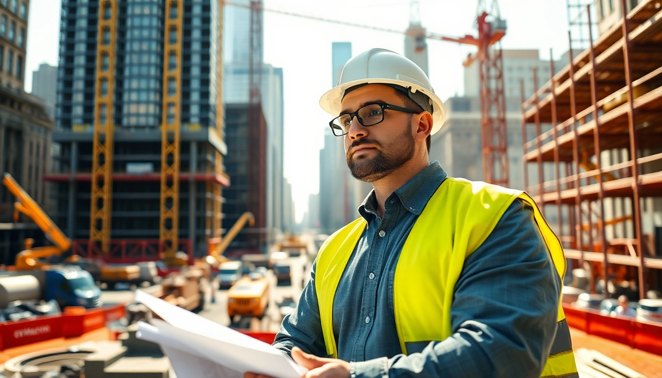 New York City Construction Manager supervising a busy construction project with cranes in the background.