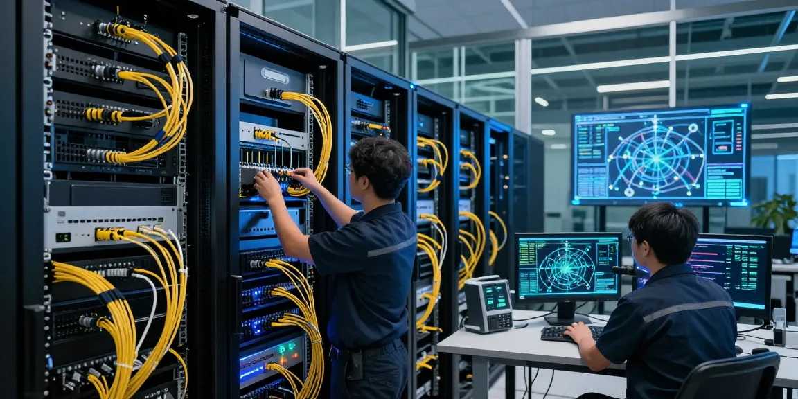 Technicians enhancing fiber connectivity in a high-tech data center, showcasing advanced solutions.
