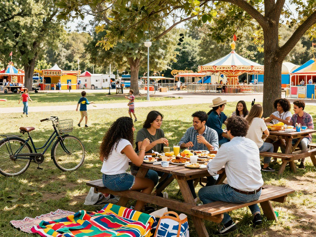 Rokok88 gathering at a vintage park picnic with friends enjoying homemade food.