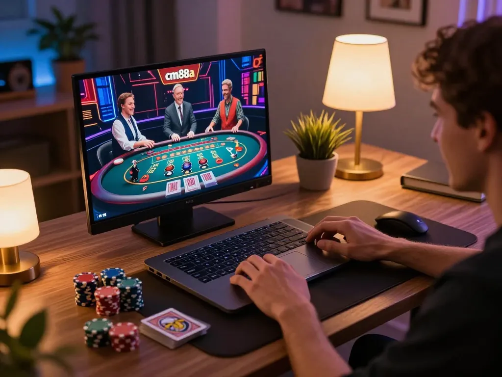 Person playing casino games on cm88a laptop with vibrant atmosphere reflecting online excitement