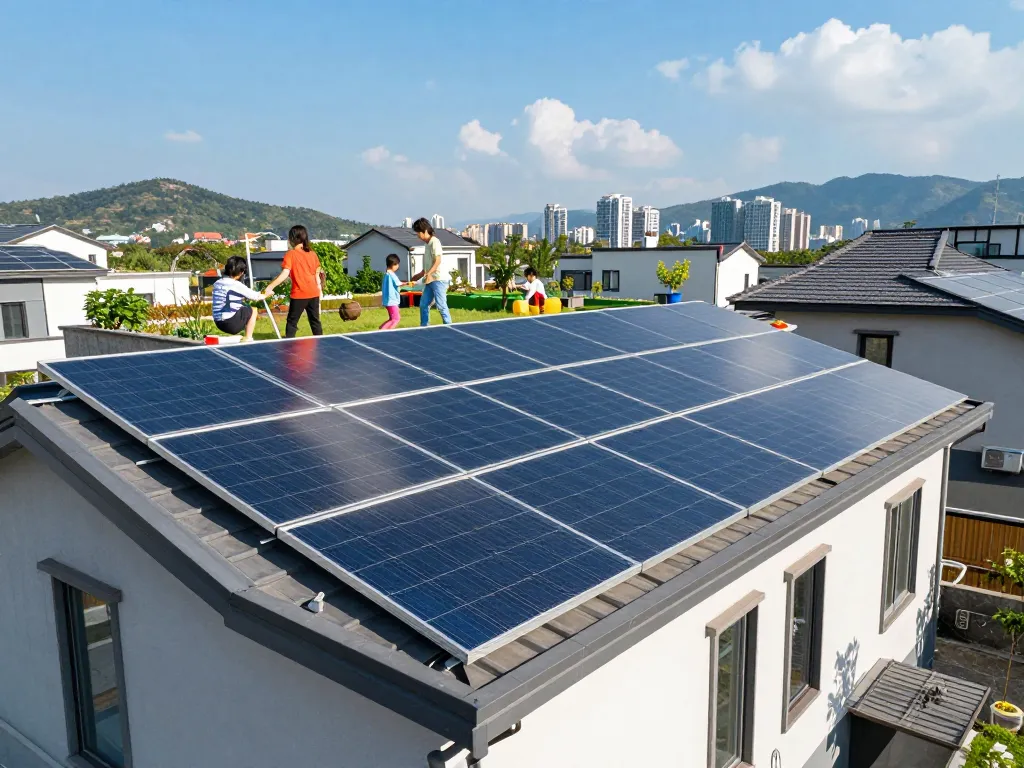 Showcasing technology TOPCon nel fotovoltaico, this image features solar panels on a sunny rooftop with a family enjoying outdoor life.