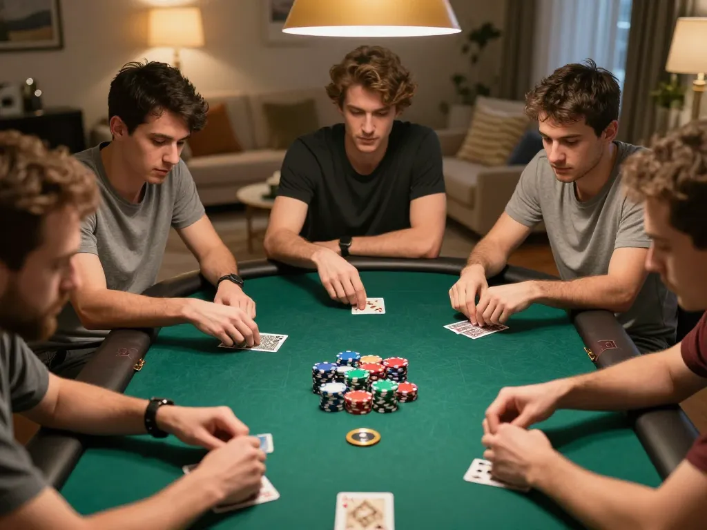 Fly88 players strategically engaging in a friendly poker game, showcasing competitive spirit and social atmosphere.