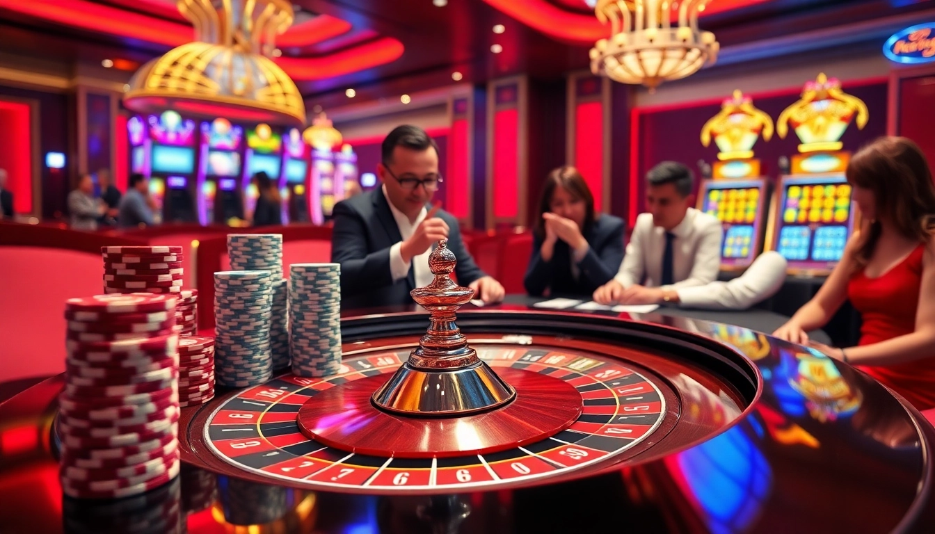 KONG88 players celebrating wins at a vibrant casino scene with roulette and poker chips.