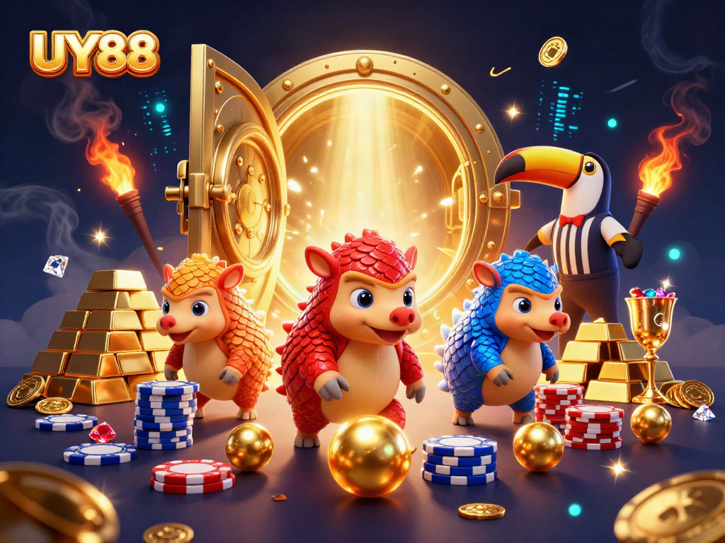 Experience the excitement of UY88 with rival pangolins bowling through poker chips amidst a treasure vault scene.