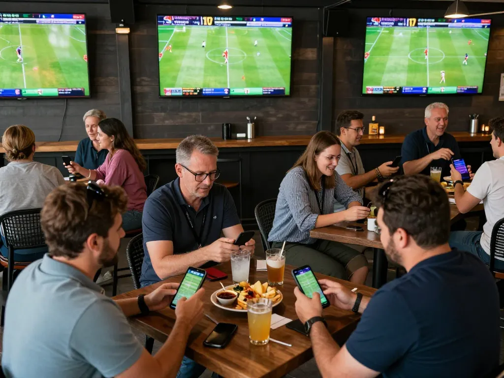 Excited patrons placing bets on their devices as they watch tỷ lệ nhà cái updates during a live sports event