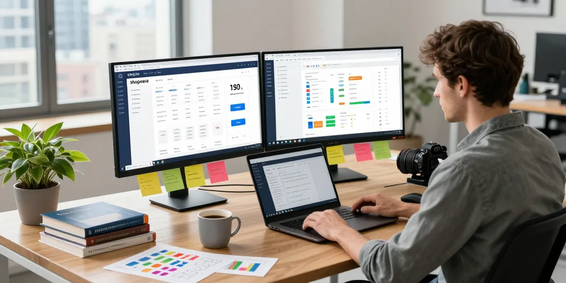 SP Webconsulting freelancer developing e-commerce solutions in a modern office, showcasing Shopware tools and workspace.