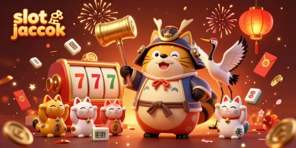Slot jackpot berkumpul di sekitar karakter tanuki dan crane yang merayakan kemenangan dengan elemen kasino.