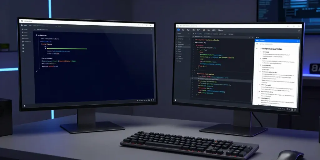 Web app vulnerability assessment tools in a modern developer workspace with dual monitors and cybersecurity resources.