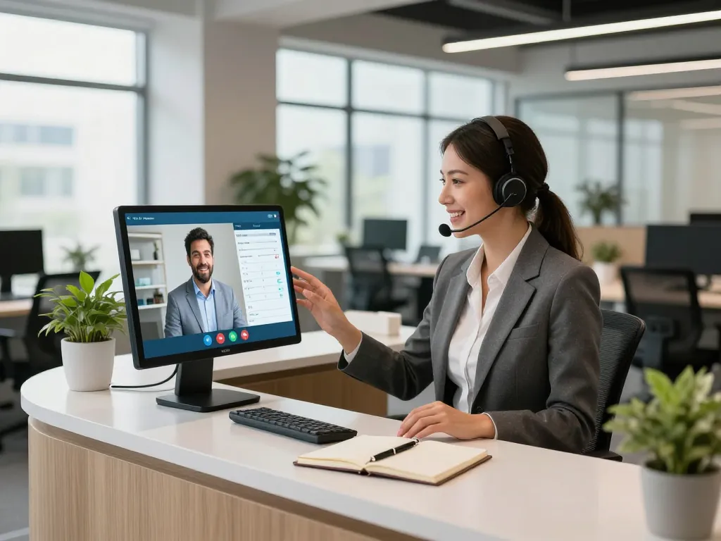 Engaging office scene with a virtual AI receptionist handling customer interactions, showcasing innovative technology and a welcoming environment.